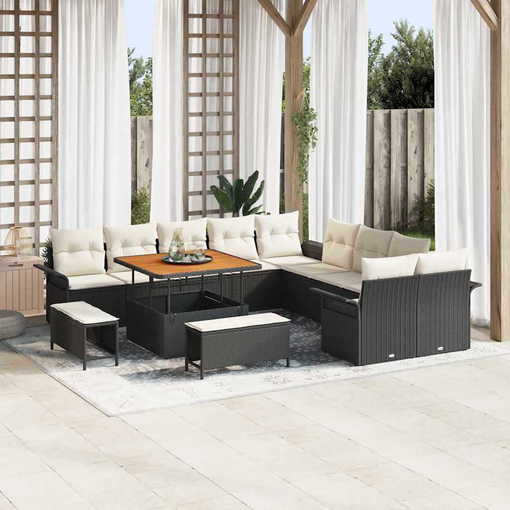 Conjunto de Sofá de Jardim com almofada 13 pcs Preto e Creme