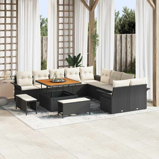 Conjunto de Sofá de Jardim com almofada 13 pcs Preto e Creme