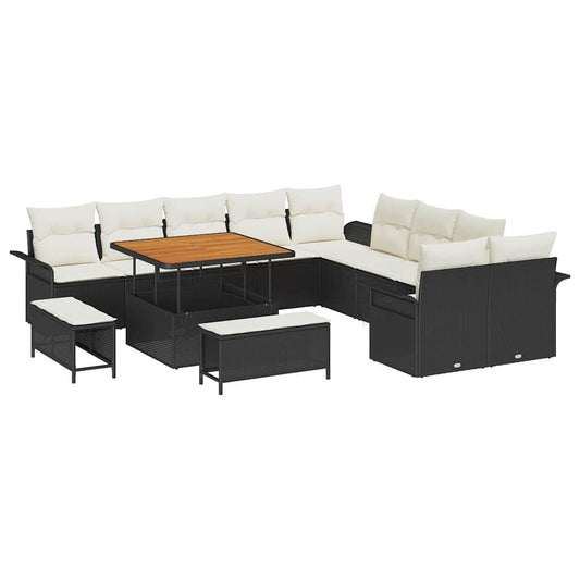 Conjunto de Sofá de Jardim com almofada 13 pcs Preto e Creme