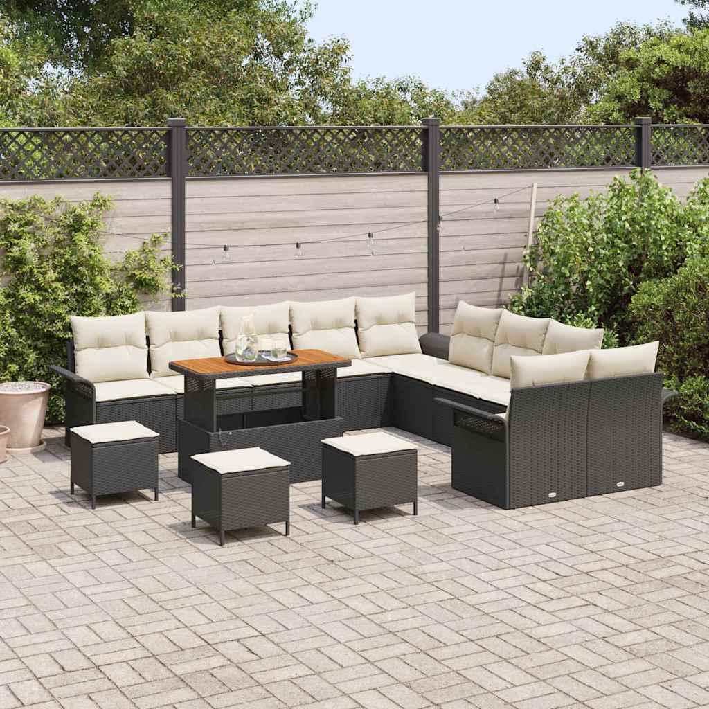 Conjunto de Sofá de Jardim com almofada 14 pcs Preto e Creme