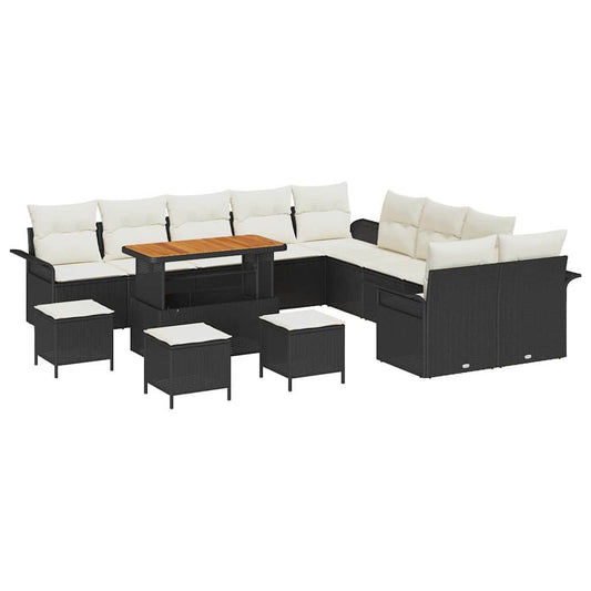 Conjunto de Sofá de Jardim com almofada 14 pcs Preto e Creme
