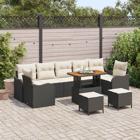 Conjunto de Sofá de Jardim com almofada 10 pcs Preto e Creme
