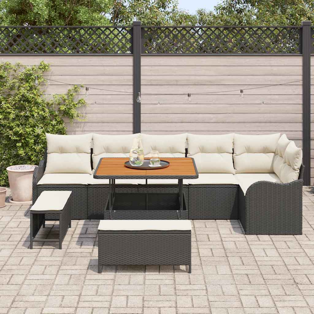 Conjunto de Sofá de Jardim com almofada 9 pcs Preto e Creme