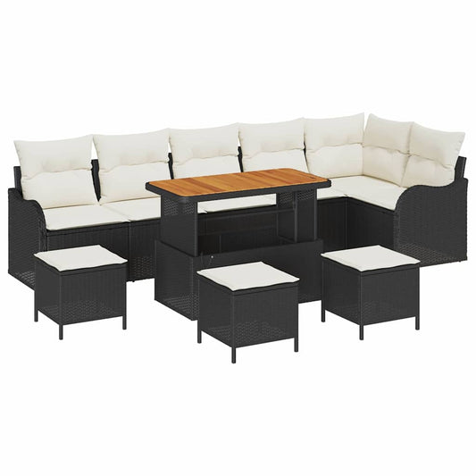 Conjunto de Sofá de Jardim com almofada 10 pcs Preto e Creme