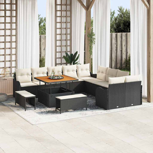Conjunto de Sofá de Jardim com almofada 13 pcs Preto e Creme