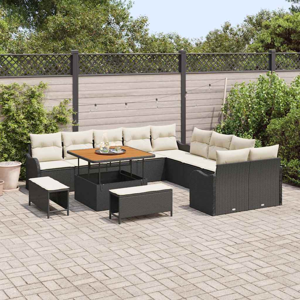 Conjunto de Sofá de Jardim com almofada 13 pcs Preto e Creme