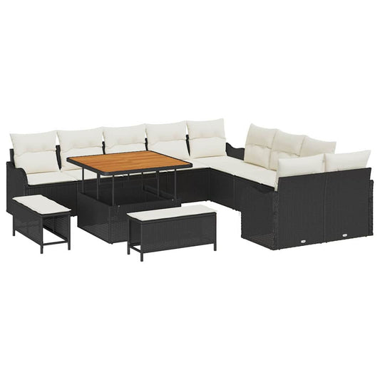 Conjunto de Sofá de Jardim com almofada 13 pcs Preto e Creme