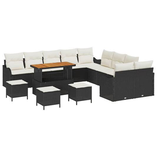 Conjunto de Sofá de Jardim com almofada 14 pcs Preto e Creme