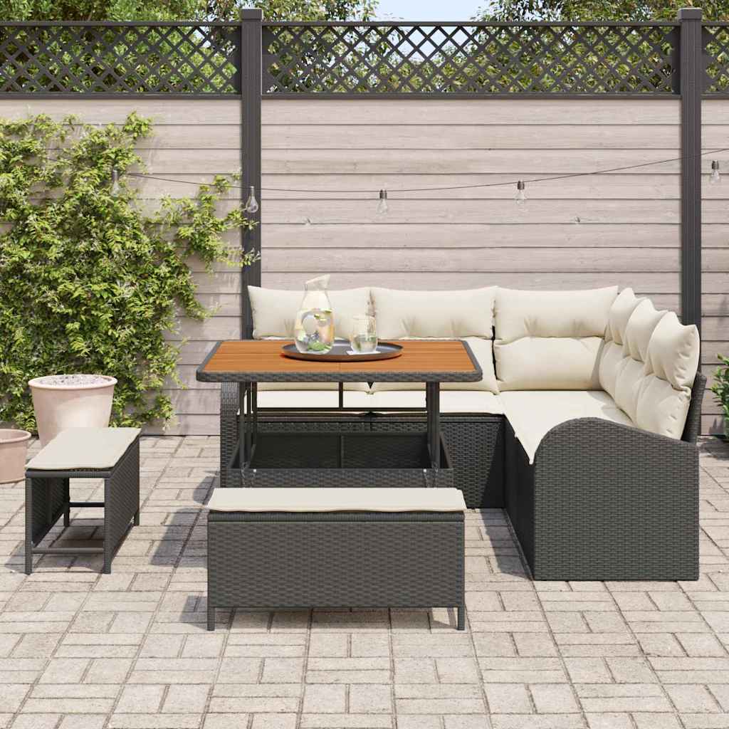 Conjunto de Sofá de Jardim com almofada 8 pcs Preto e Creme