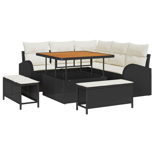 Conjunto de Sofá de Jardim com almofada 8 pcs Preto e Creme