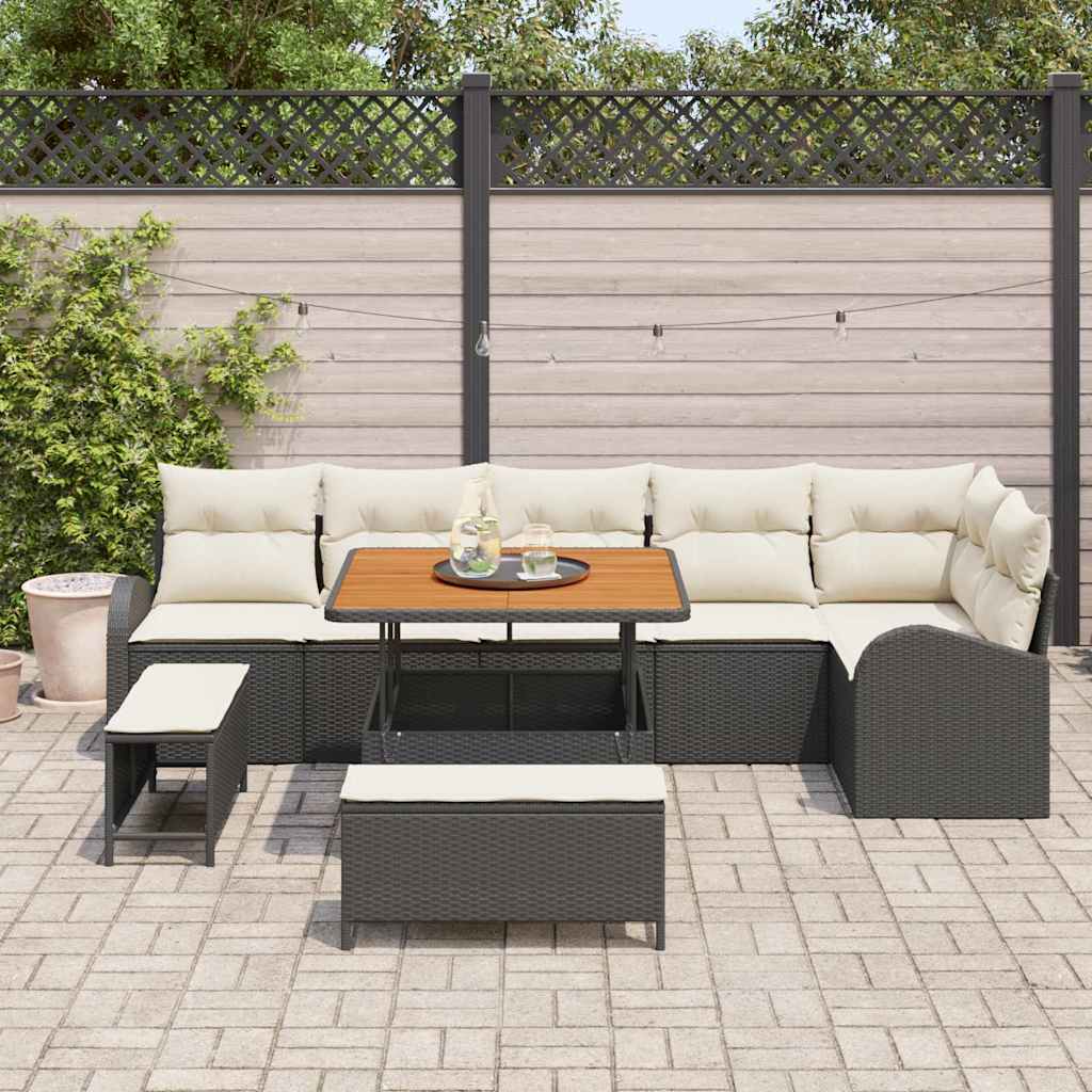 Conjunto de Sofá de Jardim com almofada 9 pcs Preto e Creme