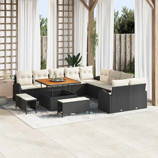 Conjunto de Sofá de Jardim com almofada 13 pcs Preto e Creme