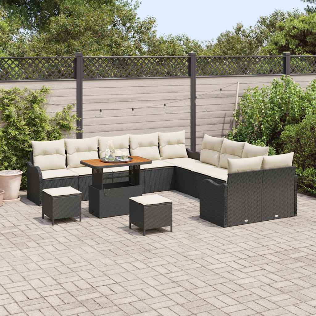Conjunto de Sofá de Jardim com almofada 13 pcs Preto e Creme