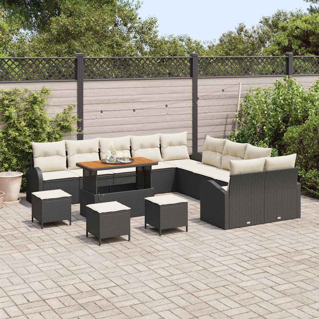 Conjunto de Sofá de Jardim com almofada 14 pcs Preto e Creme