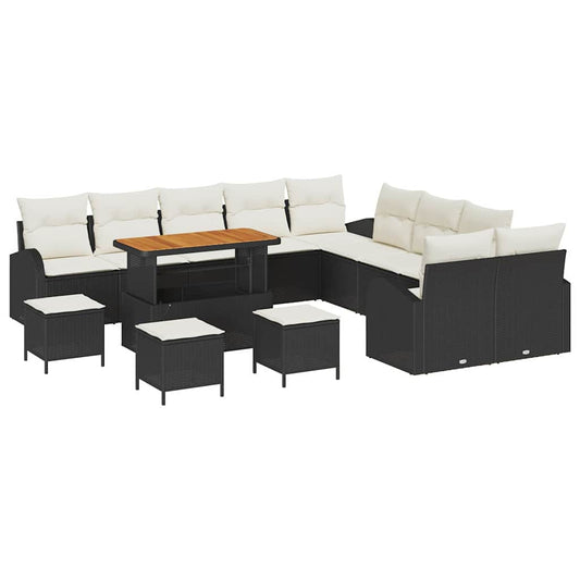 Conjunto de Sofá de Jardim com almofada 14 pcs Preto e Creme