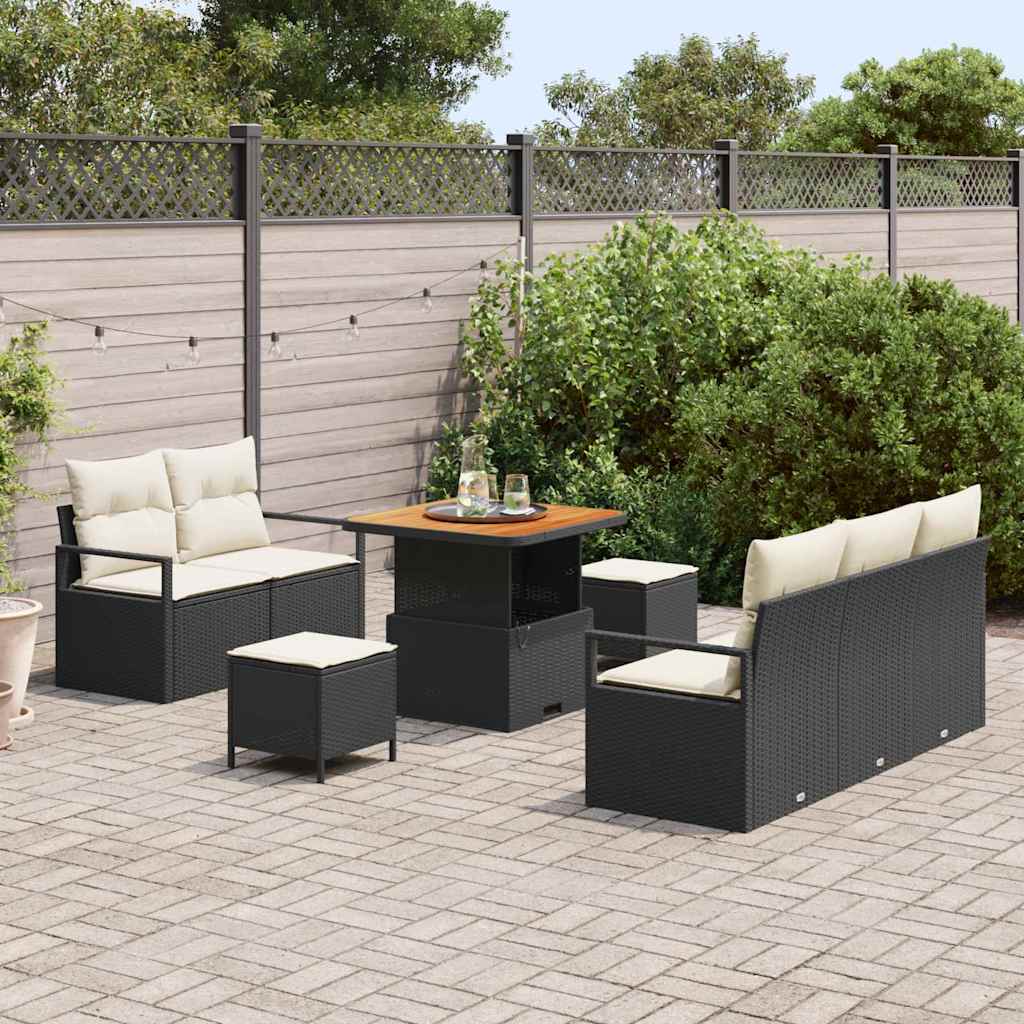 Conjunto de Sofá de Jardim com almofada 8 pcs Preto e Creme