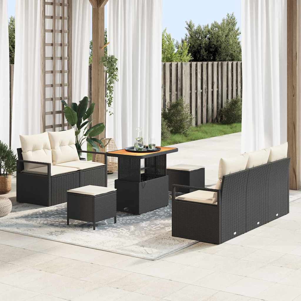 Conjunto de Sofá de Jardim com almofada 8 pcs Preto e Creme