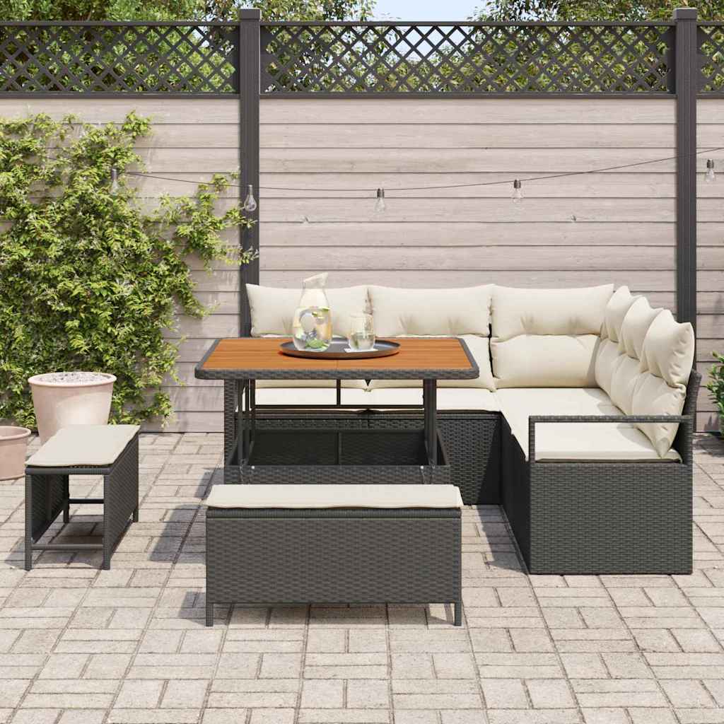 Conjunto de Sofá de Jardim com almofada 8 pcs Preto e Creme