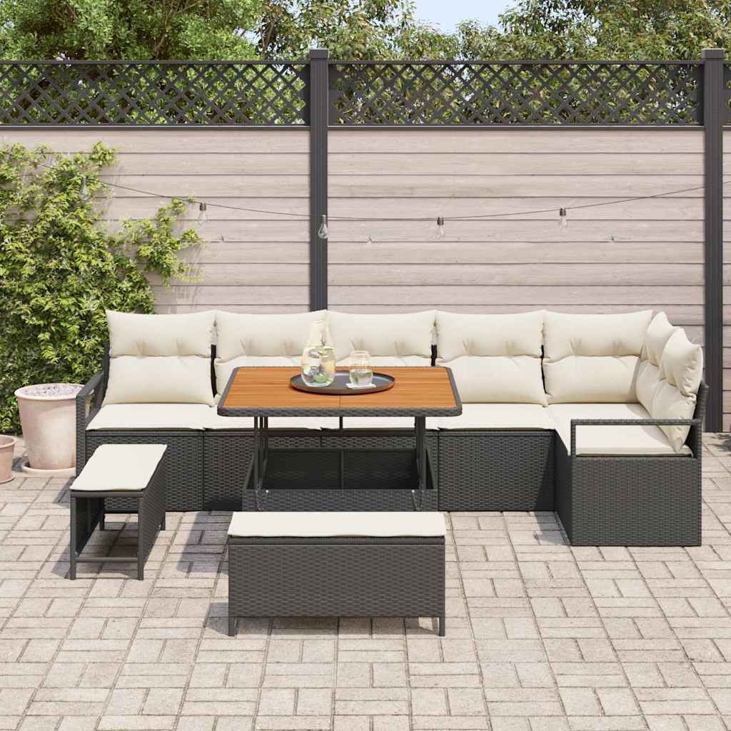 Conjunto de Sofá de Jardim com almofada 9 pcs Preto e Creme