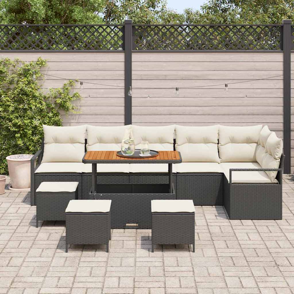 Conjunto de Sofá de Jardim com almofada 10 pcs Preto e Creme