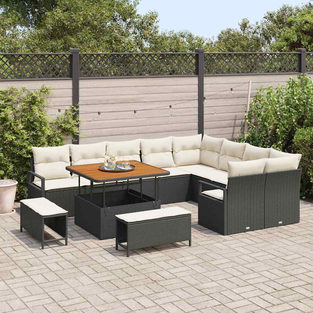 Conjunto de Sofá de Jardim com almofada 12 pcs Preto e Creme