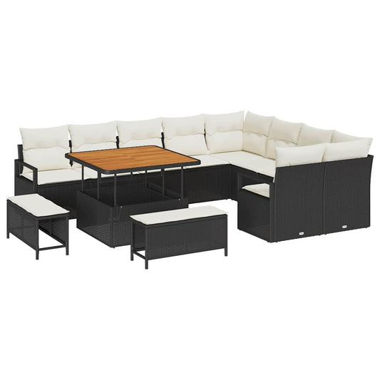 Conjunto de Sofá de Jardim com almofada 12 pcs Preto e Creme