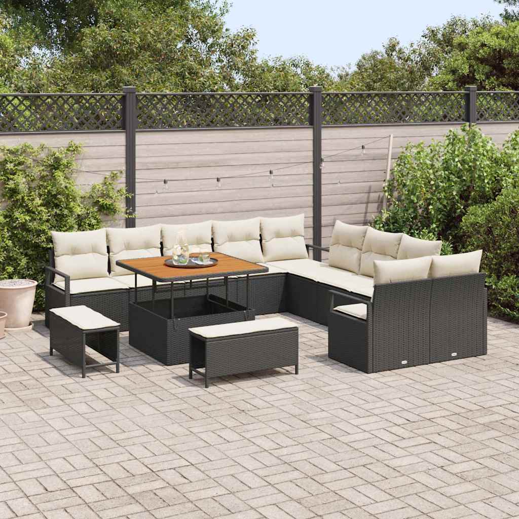 Conjunto de Sofá de Jardim com almofada 13 pcs Preto e Creme