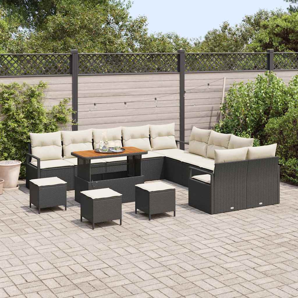 Conjunto de Sofá de Jardim com almofada 14 pcs Preto e Creme