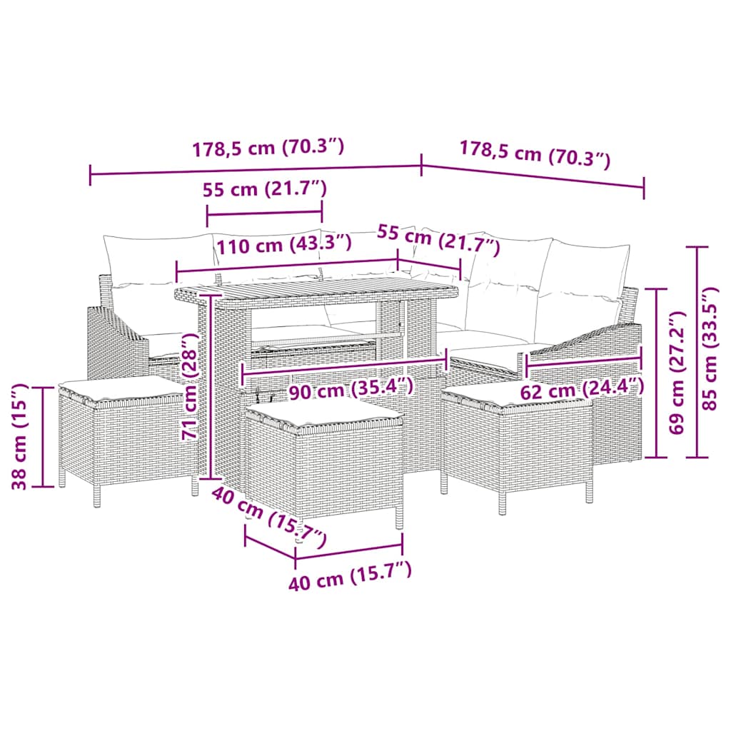 Conjunto de Sofá de Jardim 9 pcs Bege e Creme 110 x 55 x 71 cm