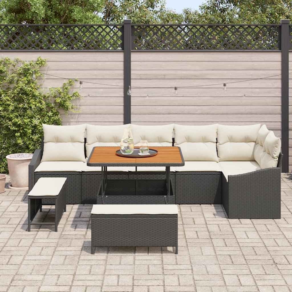 Conjunto de Sofá de Jardim com almofada 9 pcs Preto e Creme
