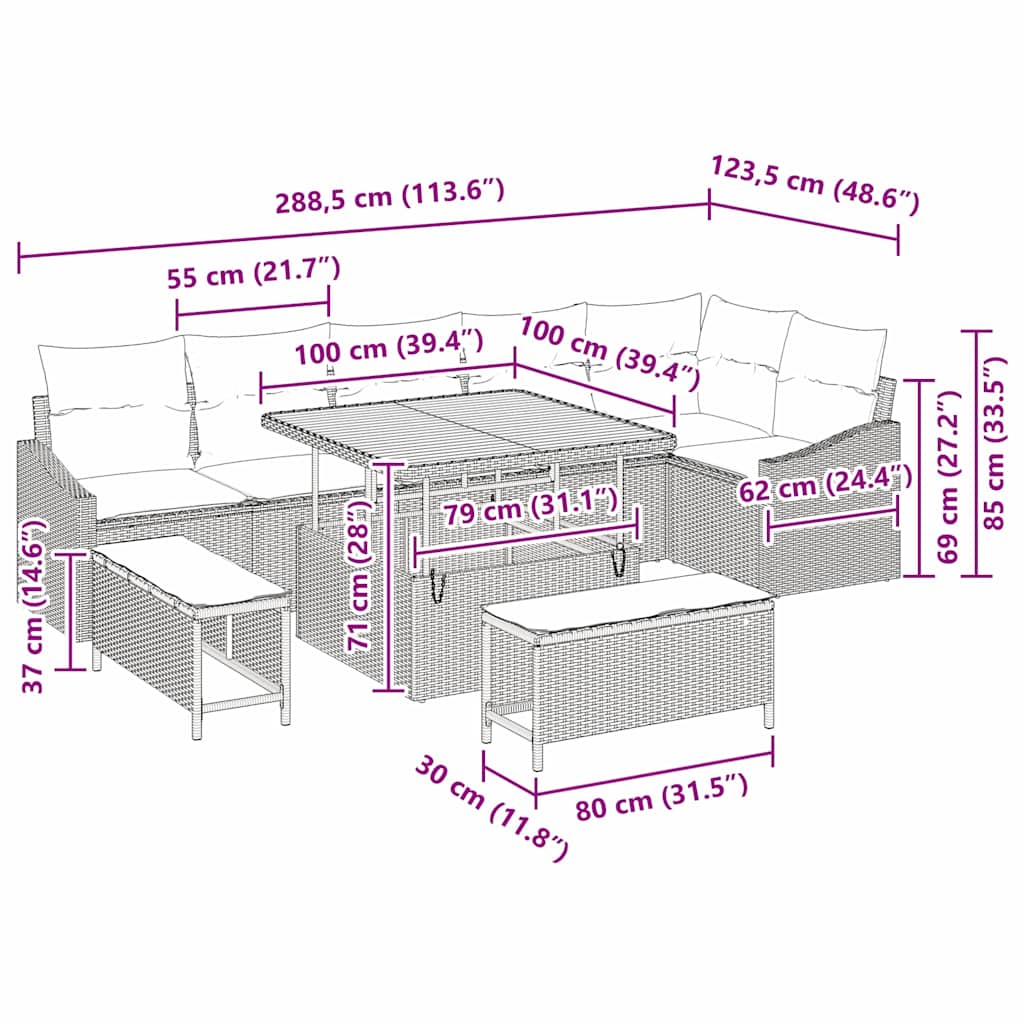 Conjunto de Sofá de Jardim com almofada 9 pcs Preto e Creme