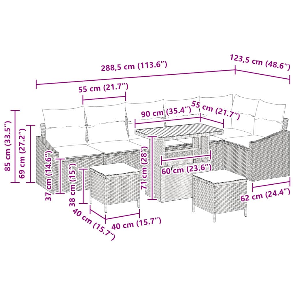 Conjunto de Sofá de Jardim 9 pcs Bege e Creme 90 x 55 x 71 cm