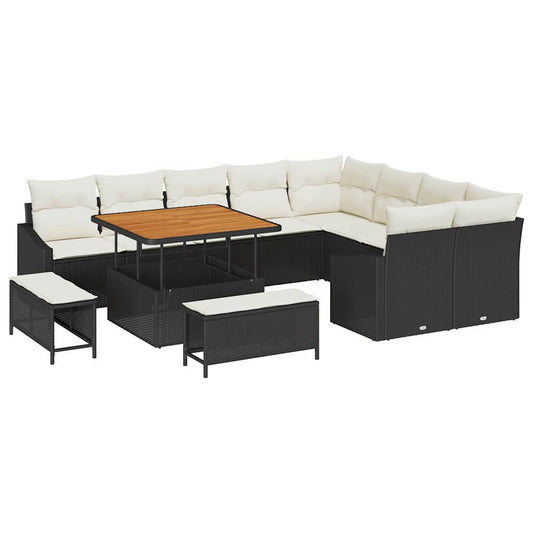 Conjunto de Sofá de Jardim com almofada 12 pcs Preto e Creme