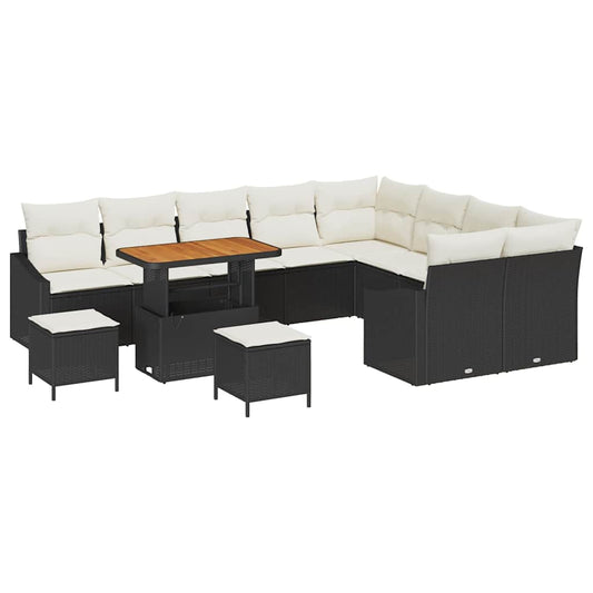 Conjunto de Sofá de Jardim com almofada 12 pcs Preto e Creme