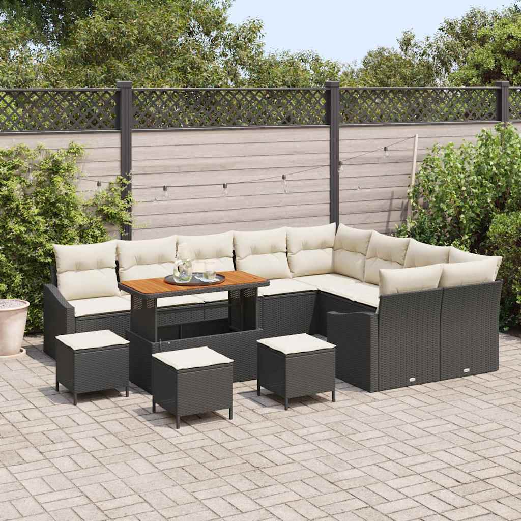 Conjunto de Sofá de Jardim com almofada 13 pcs Preto e Creme