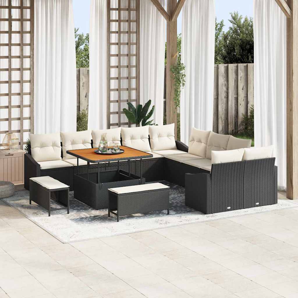 Conjunto de Sofá de Jardim com almofada 13 pcs Preto e Creme