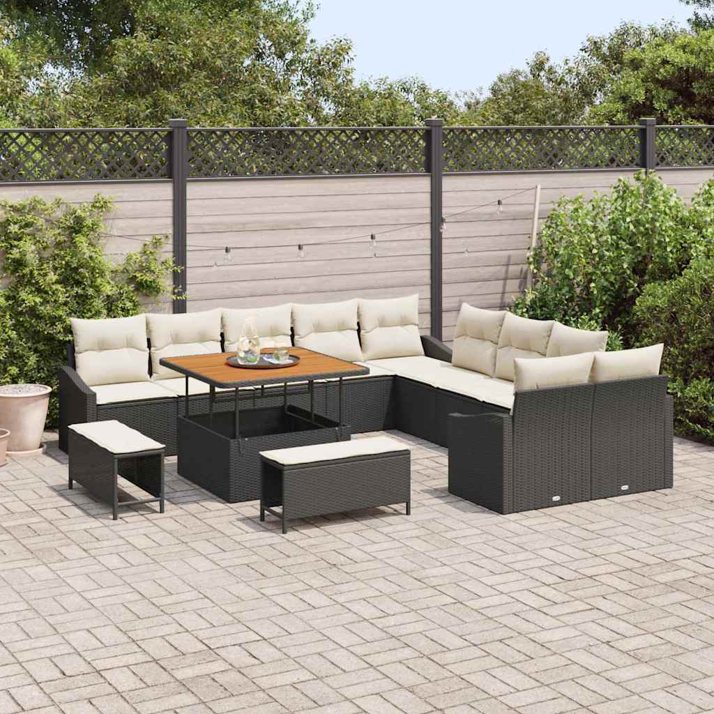 Conjunto de Sofá de Jardim com almofada 13 pcs Preto e Creme