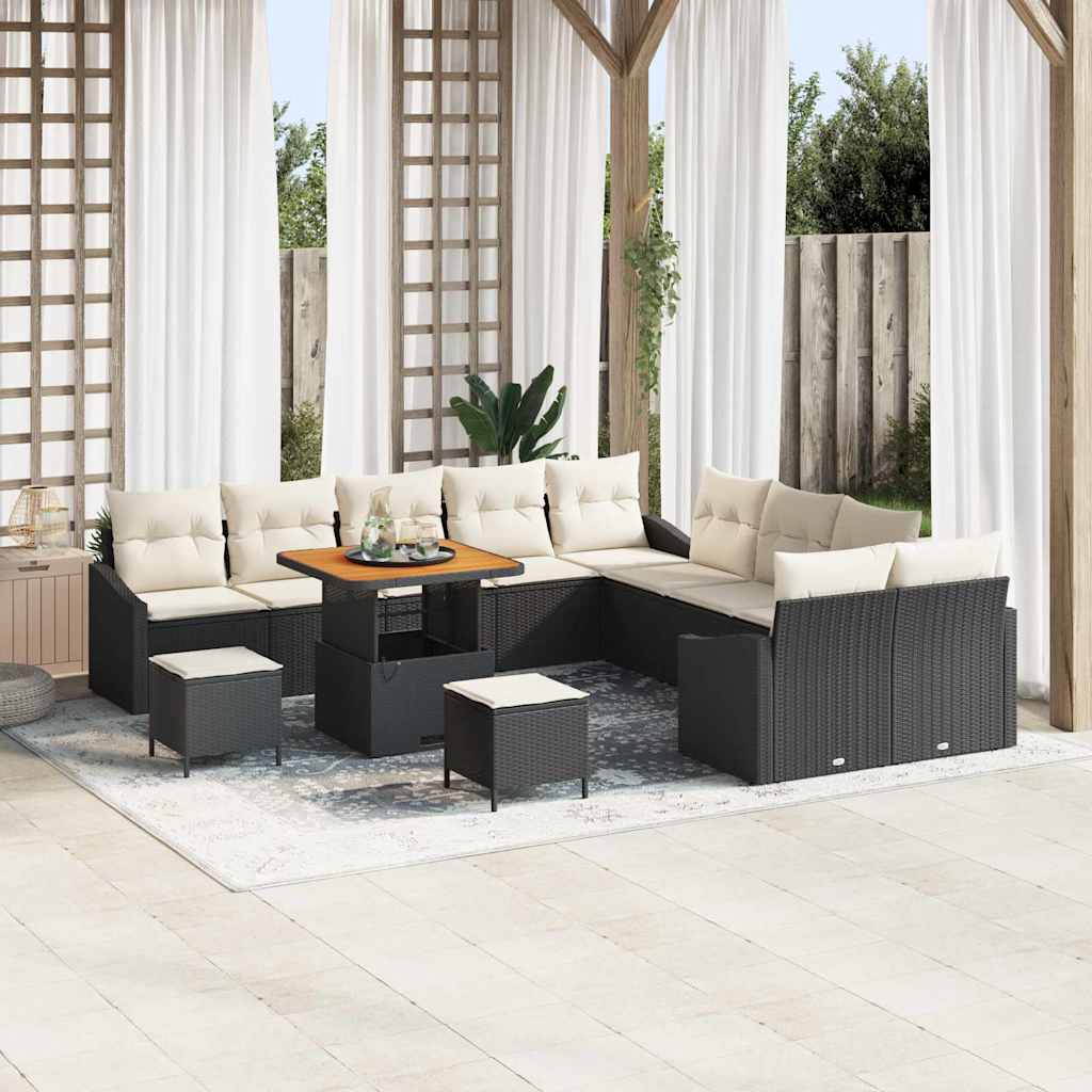 Conjunto de Sofá de Jardim com almofada 13 pcs Preto e Creme