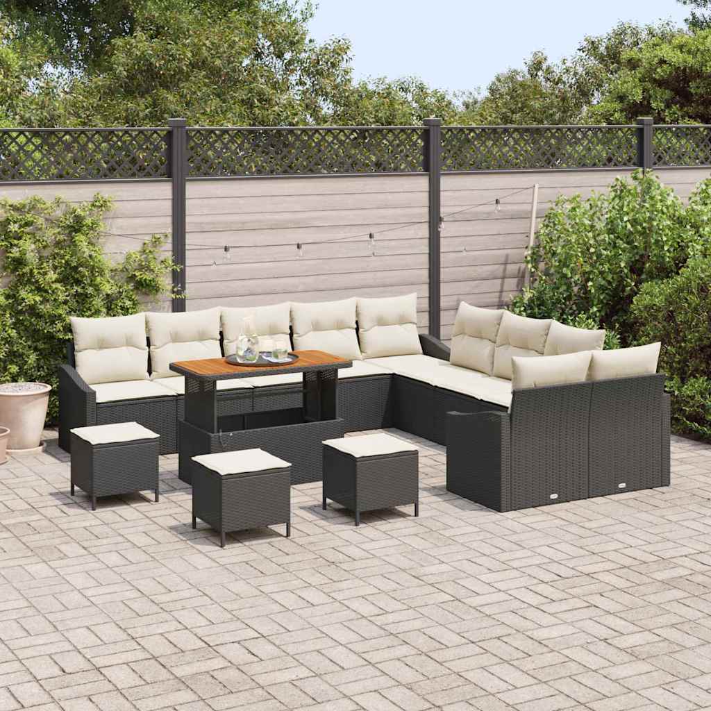 Conjunto de Sofá de Jardim com almofada 13 pcs Preto e Creme