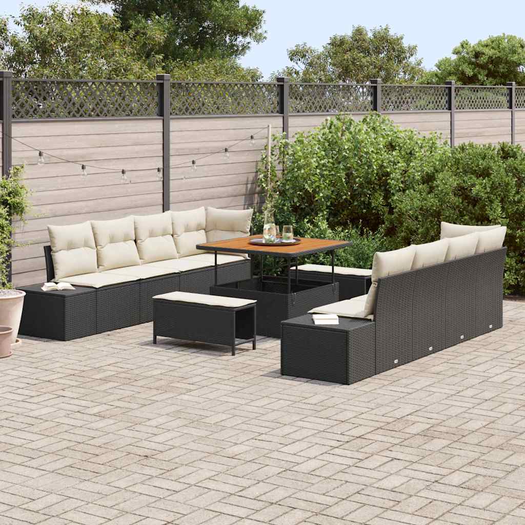 Conjunto de Sofá de Jardim com almofada 11 pcs Preto e Creme