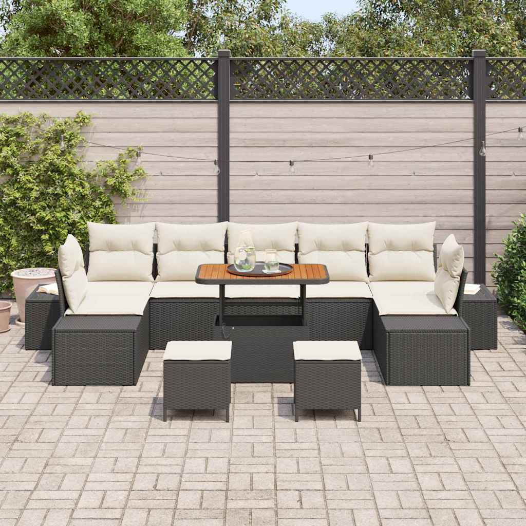Conjunto de Sofá de Jardim com almofada 10 pcs Preto e Creme