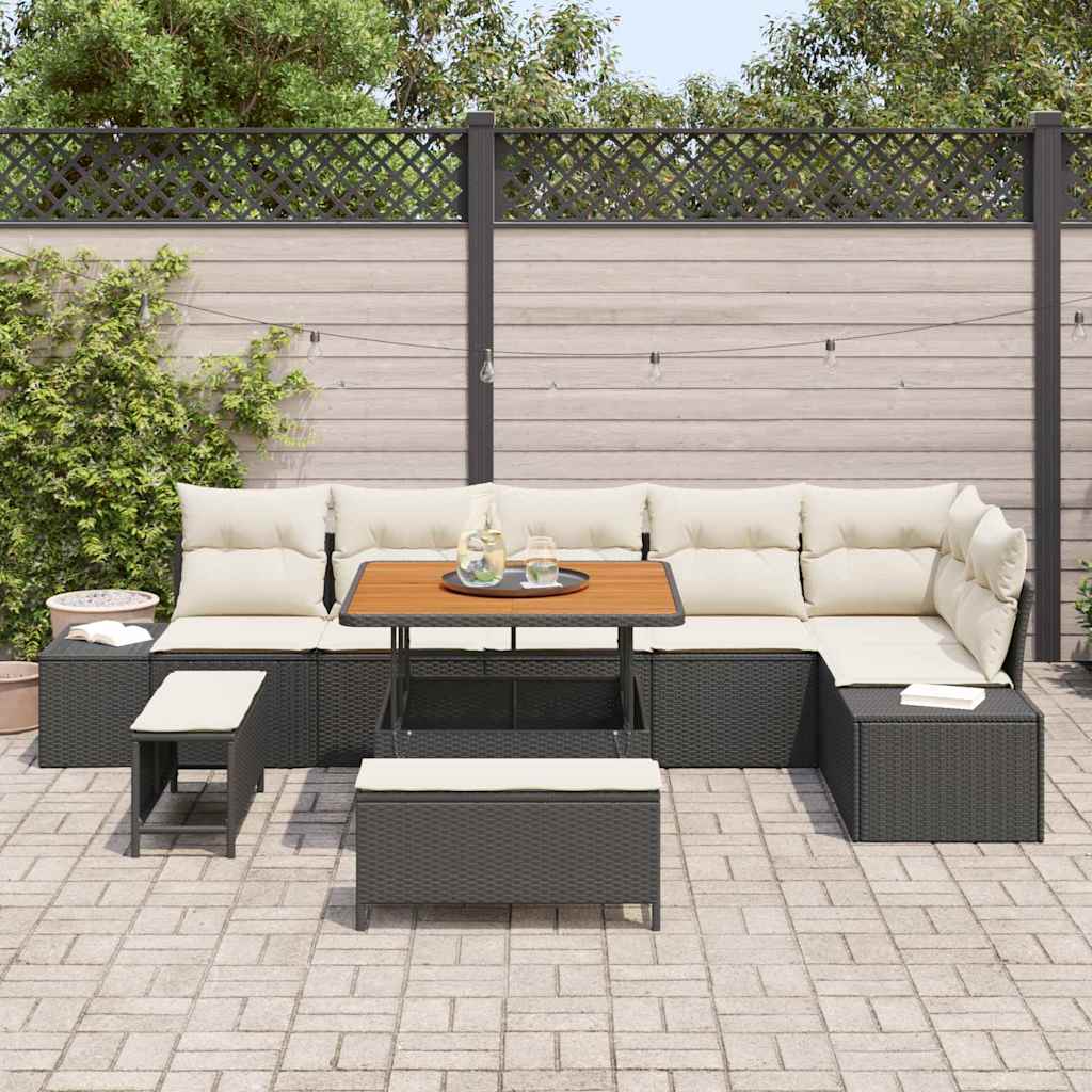 Conjunto de Sofá de Jardim com almofada 9 pcs Preto e Creme