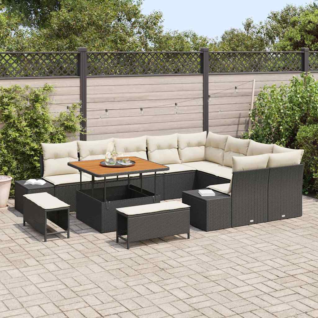 Conjunto de Sofá de Jardim com almofada 12 pcs Preto e Creme