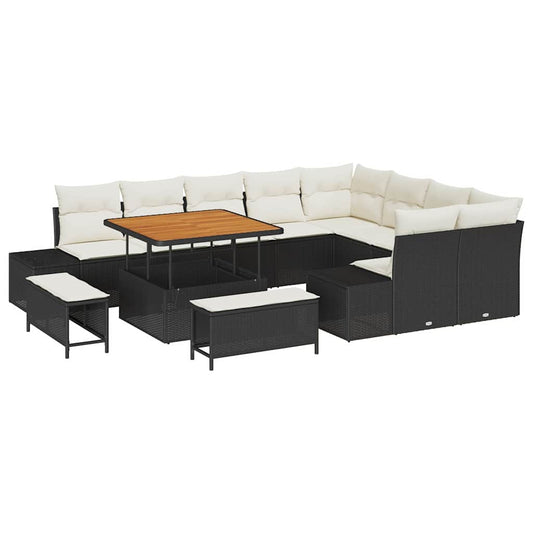 Conjunto de Sofá de Jardim com almofada 12 pcs Preto e Creme