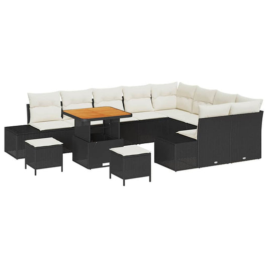 Conjunto de Sofá de Jardim com almofada 12 pcs Preto e Creme