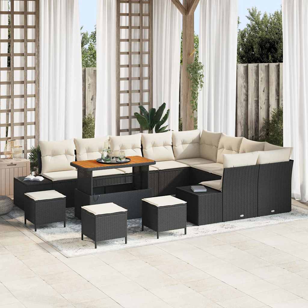 Conjunto de Sofá de Jardim com almofada 12 pcs Preto e Creme
