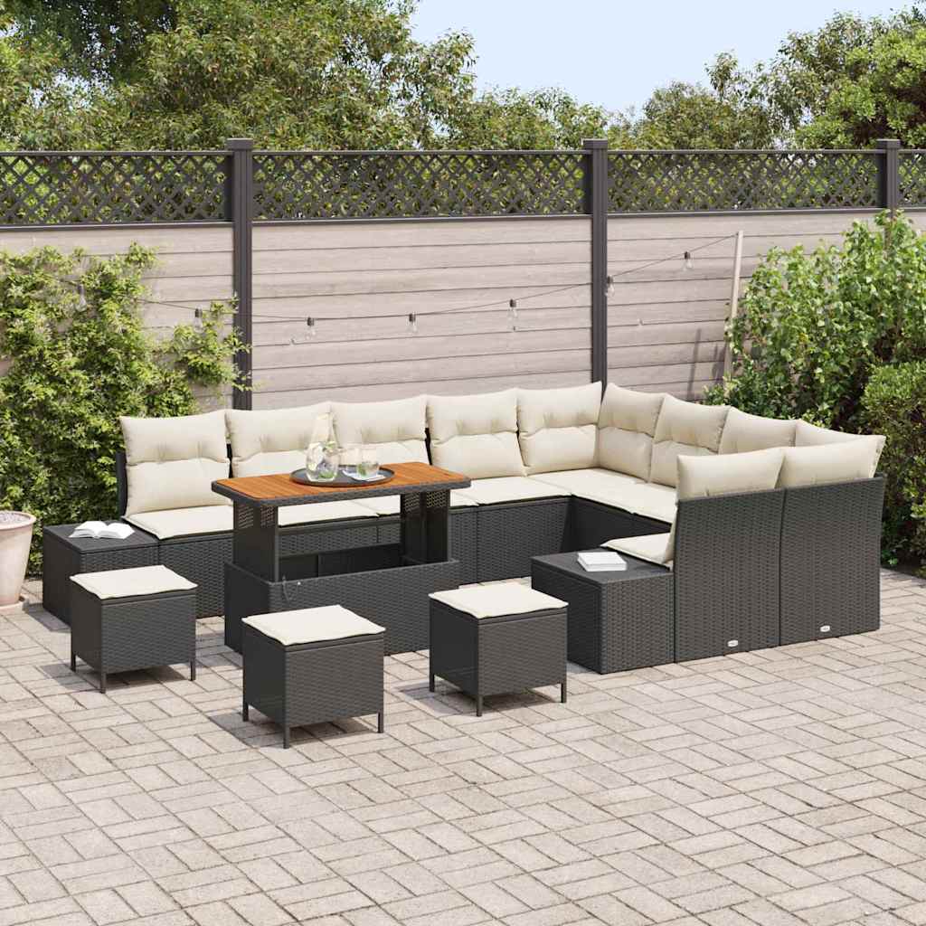 Conjunto de Sofá de Jardim com almofada 12 pcs Preto e Creme