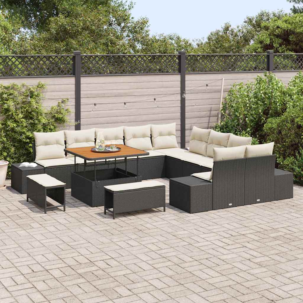 Conjunto de Sofá de Jardim com almofada 13 pcs Preto e Creme