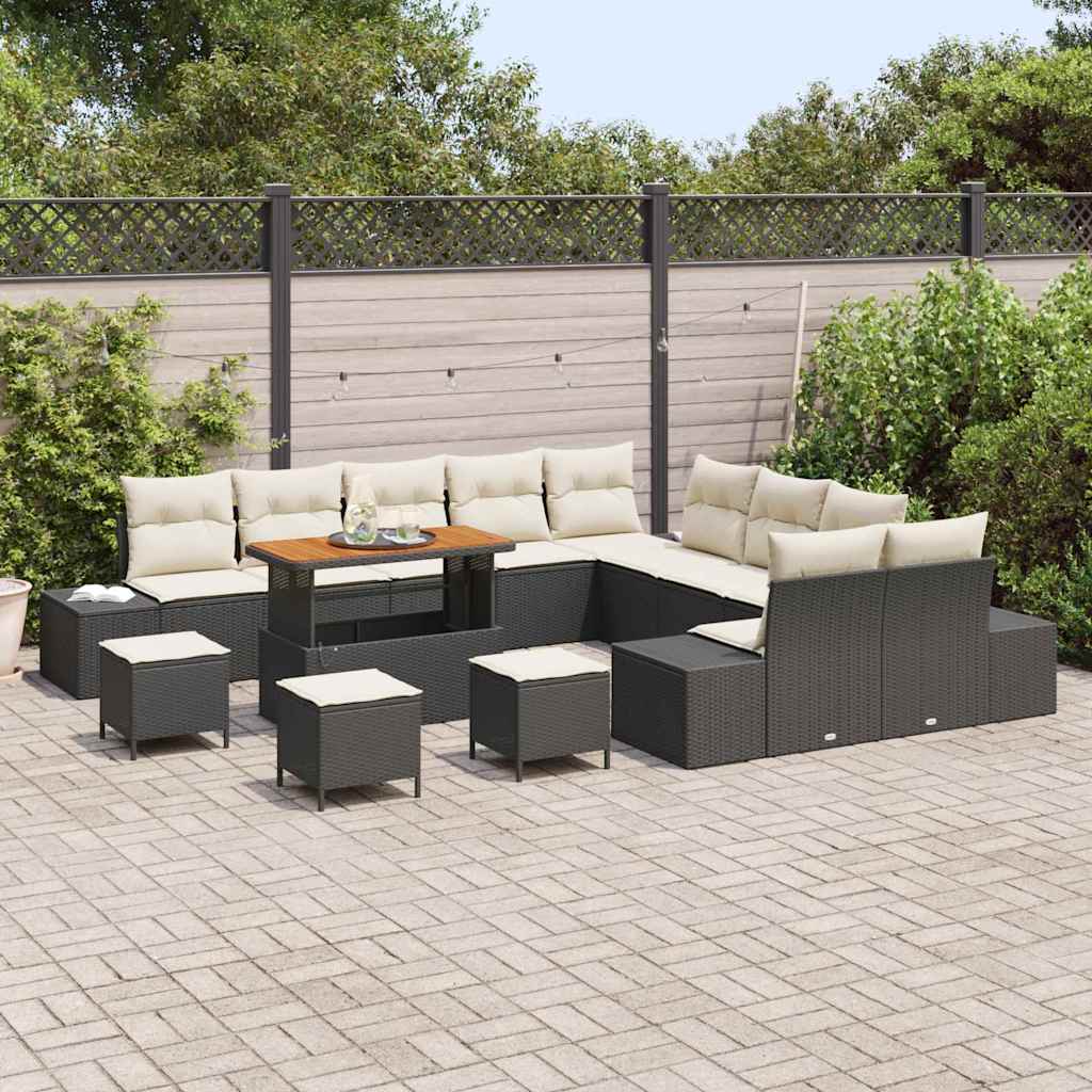 Conjunto de Sofá de Jardim com almofada 13 pcs Preto e Creme