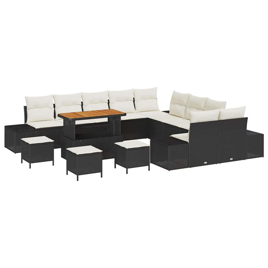 Conjunto de Sofá de Jardim com almofada 13 pcs Preto e Creme